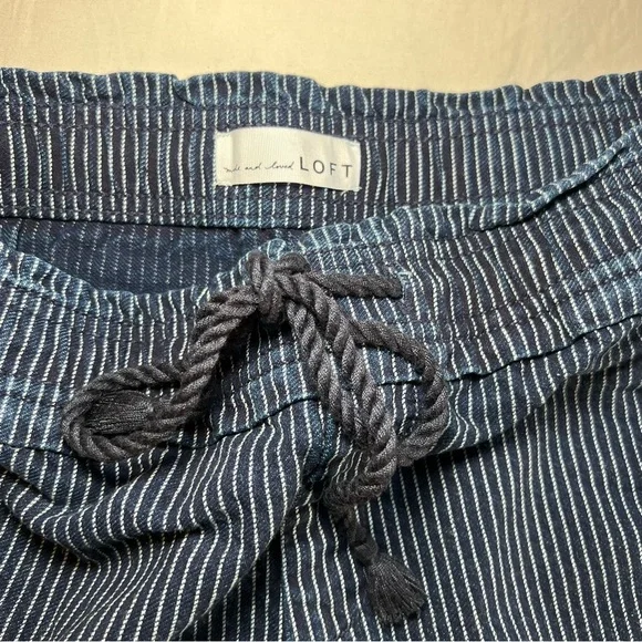Loft Cotton Elastic Waist Drawstring Blue With White Striped Denim Shorts - Picture 3 of 5